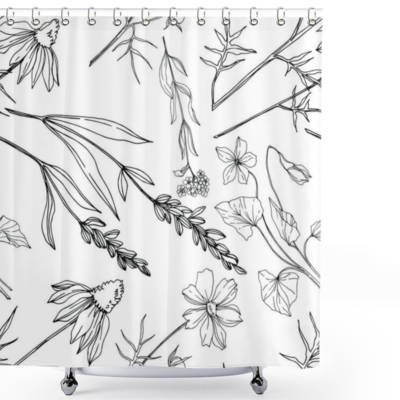 Personality  Vector wildflower floral botanical flowers. Black and white engraved ink art. Seamless background pattern. shower curtains