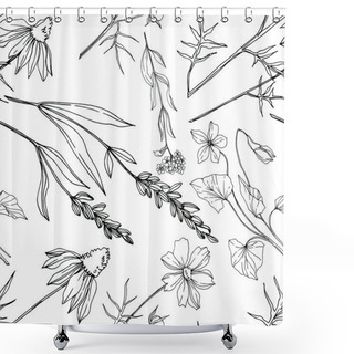 Personality  Vector Wildflower Floral Botanical Flowers. Black And White Engraved Ink Art. Seamless Background Pattern. Shower Curtains