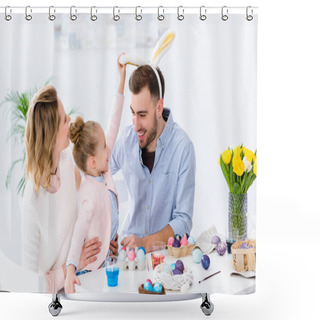 Personality  Child And Parents Playing With Bunny Ears By Table With Easter Eggs Shower Curtains