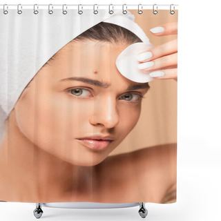 Personality  Young Woman Holding Cotton Pad While Looking At Camera Isolated On Beige  Shower Curtains