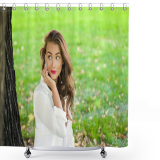 Personality  Happy Beautiful Girl Calling By Phone  Shower Curtains