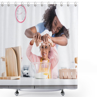 Personality  Smiling African American Mother And Daughter In Chef Hats Putting Eggs Into Bowl Together On Kitchen Shower Curtains