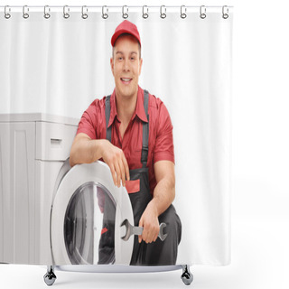 Personality  Young Cheerful Plumber Holding A Wrench Shower Curtains