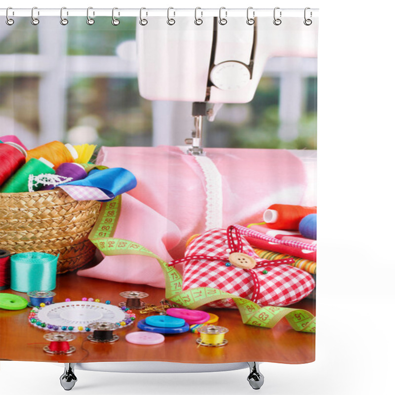 Personality  Sewing Machine And Fabric On Bright Background Shower Curtains