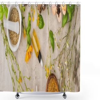 Personality  Panoramic Shot Of Herbs, Green Leaves, Mortar With Pestle On Concrete Background, Naturopathy Concept Shower Curtains