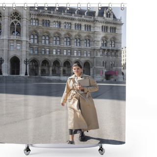 Personality  Stylish Freelancer In Beige Trench Coat Walking With Laptop On Street Of Vienna  Shower Curtains