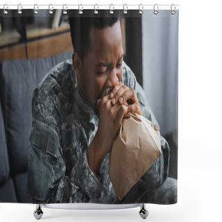 Personality  Stressed African American Soldier In Military Uniform Breathing With Paper Bag While Having Panic Attack And Suffering From PTSD At Home Shower Curtains