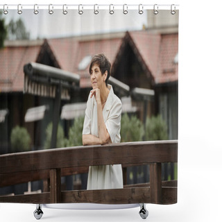 Personality  Pensive Senior Woman Standing On Wooden Bridge And Looking Away, Elderly Life, Blurred Background Shower Curtains