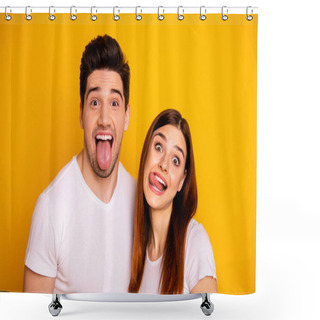 Personality  Close Up Photo Beautiful Amazing She Her He Him His Guy Lady Pair Tongue Out Mouth  Careless Funny Funky Foolish Making Stupid Facial Expressions Wear Casual White T-shirts Isolated Yellow Background Shower Curtains