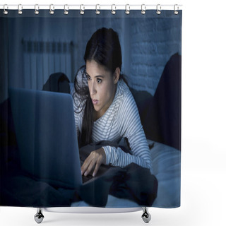 Personality  Woman In Pajamas On Bed At Home Bedroom Working Concentrated With Laptop Computer Late At Night Shower Curtains