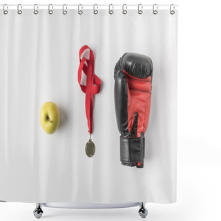 Personality  Top View Of Boxing Glove With Medal And Green Apple On White Surface Shower Curtains