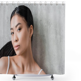 Personality  Beautiful Brunette Asian Girl Looking At Camera, On Grey Shower Curtains