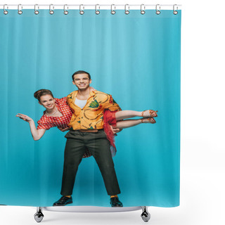 Personality  Handsome Dancer Holding Partner While Dancing Boogie-woogie On Blue Background Shower Curtains