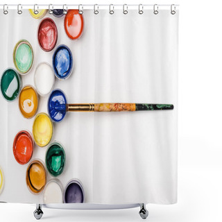 Personality  Top View Of Gouache Paints And Paintbrush On White Background Shower Curtains