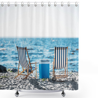 Personality  Back View Of Striped Chaise Lounges And Cooler N Sandy Beach Shower Curtains