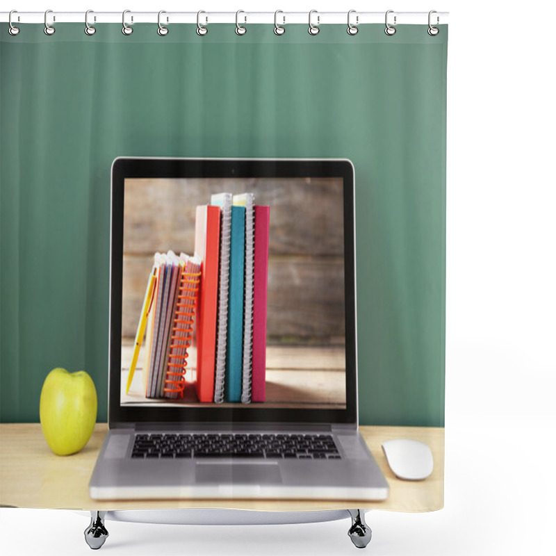 Personality  Laptop With Stationery Wallpaper On Screen Against Chalkboard. School Teacher Concept. Shower Curtains