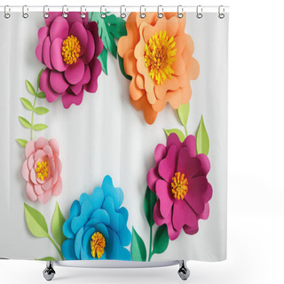 Personality  Top View Of Multicolored Paper Flowers And Green Leaves On Grey Background Shower Curtains