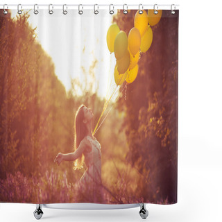 Personality  Young Beautiful Girl With Baloons In The Field Of Flowers Shower Curtains