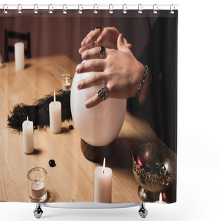 Personality  Cropped View Of Psychic Holding Hands Above Magical Crystal Ball Near Candles  Shower Curtains