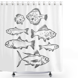 Personality  Various Fish Set. Seafood, Fishing Sketch Vector Illustration Shower Curtains