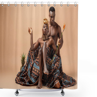 Personality  Sexy Naked Tribal Afro Woman Covered In Blanket Posing Near Man And Pineapple On Beige Shower Curtains