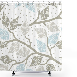 Personality  Brown Beige Blue Leaves On Branches On White Dotted Background Seasonal Seamless Pattern Shower Curtains
