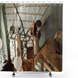 Personality  Sexy Interracial Couple Embracing On Stairs Near Decorative Grid In Art Workshop Shower Curtains