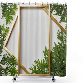 Personality  Top View Of Empty Golden Frames On White Background With Copy Space And Fern Green Leaves Shower Curtains