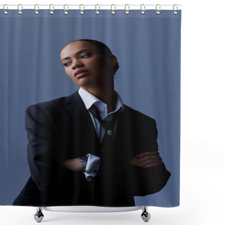 Personality  A Young African American Woman Confidently Poses In A Suit And Tie For A Portrait In A Studio Setting. Shower Curtains