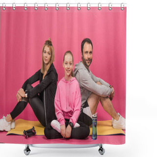 Personality  Athletic Family Sitting On Fitness Mat With Dumbbells And Sports Bottle, Isolated On Pink Shower Curtains