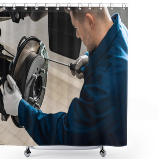 Personality  Young Mechanic Adjusting Brake Caliper With Screw Driver Shower Curtains
