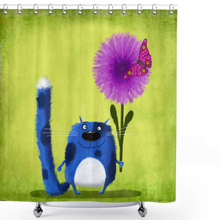 Personality  Blue Spotted Cat With Flower And Butterfly  Shower Curtains