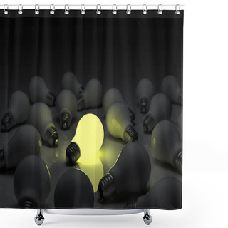 Personality  One Glowing Light Bulb Standing Out From The Unlit Incandescent Bulbs With Reflection , Individuality And Different Concept 3D Render Shower Curtains