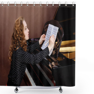 Personality  Young Woman Musician Writes In Music Book Pencil. Shower Curtains