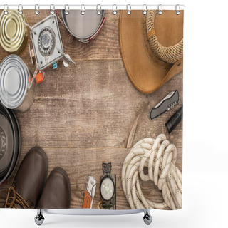 Personality  Top View Of Gas Burner, Metal Dishes, Tin Cans, Boots, Hat And Hiking Equipment On Wooden Surface Shower Curtains