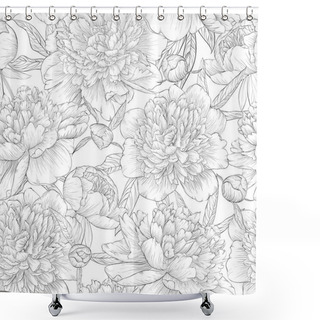 Personality  Beautiful Monochrome Black And White Seamless Background. Peonies With Leaves And Bud. Shower Curtains
