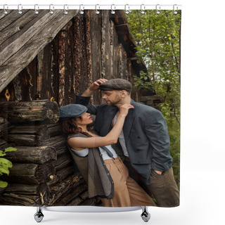 Personality  Fashionable Woman In Vintage Vest And Suspenders Touching Shoulder Of Bearded Boyfriend In Jacket And Newsboy Cap While Standing Near Rural House, Stylish Couple In Rural Setting Shower Curtains