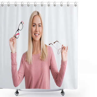 Personality  Positive Woman Looking At Camera While Holding Eyeglasses Isolated On Grey Shower Curtains
