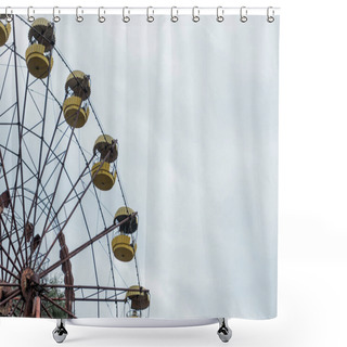 Personality  PRIPYAT, UKRAINE - AUGUST 15, 2019: Abandoned And Rusty Ferris Wheel In Amusement Park Against Blue Sky With Clouds  Shower Curtains