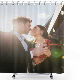 Personality  Low Angle View Of Happy Couple Kissing During Anniversary  Shower Curtains