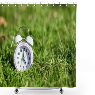 Personality  White Color Alarm Clock On Green Grass. Place For Text. Time, Circadian Rhythm, Early Rise Concept. Shower Curtains