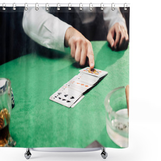 Personality  KYIV, UKRAINE - AUGUST 20, 2019: Cropped View Of Croupier Pointing With Finger At Playing Cards On Black  Shower Curtains