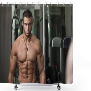 Personality  Healthy Young Man Doing Exercise For Biceps Shower Curtains