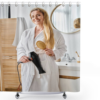 Personality  Appealing Jolly Woman In Bathrobe Using Hair Dryer And Brush On Her Long Hair And Looking At Camera Shower Curtains