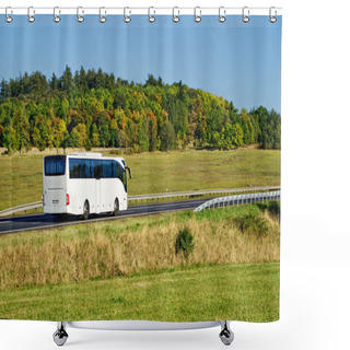 Personality  White Bus On The Road In The Countryside Shower Curtains