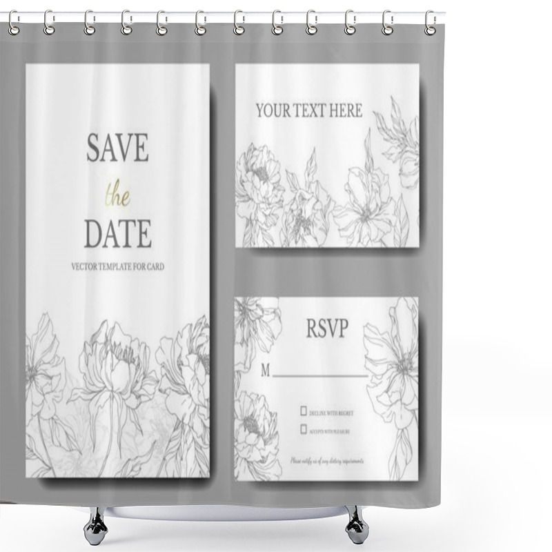 Personality  Peony Floral Botanical Flowers. Black And White Engraved Ink Art. Wedding Background Card Floral Decorative Border. Shower Curtains