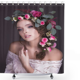 Personality  Bouquet Of Flowers On The Head Beautiful Girl Shower Curtains