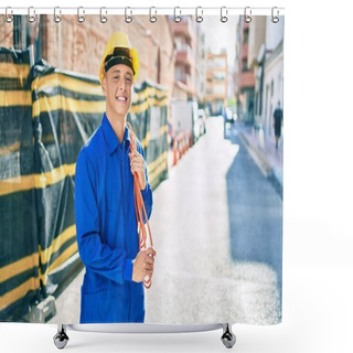 Personality  Young Hispanic Workman Smiling Happy Holding Electrical Cable At Street Of City Shower Curtains
