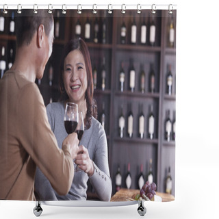 Personality  Mature Couple Toasting And Enjoying Themselves Drinking Wine Shower Curtains