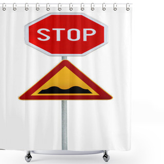 Personality  Red And Yellow Triangular Warning Road Sign With STOP Sign A Warning Of A Bumpy Road Ahead On A Rod Shower Curtains